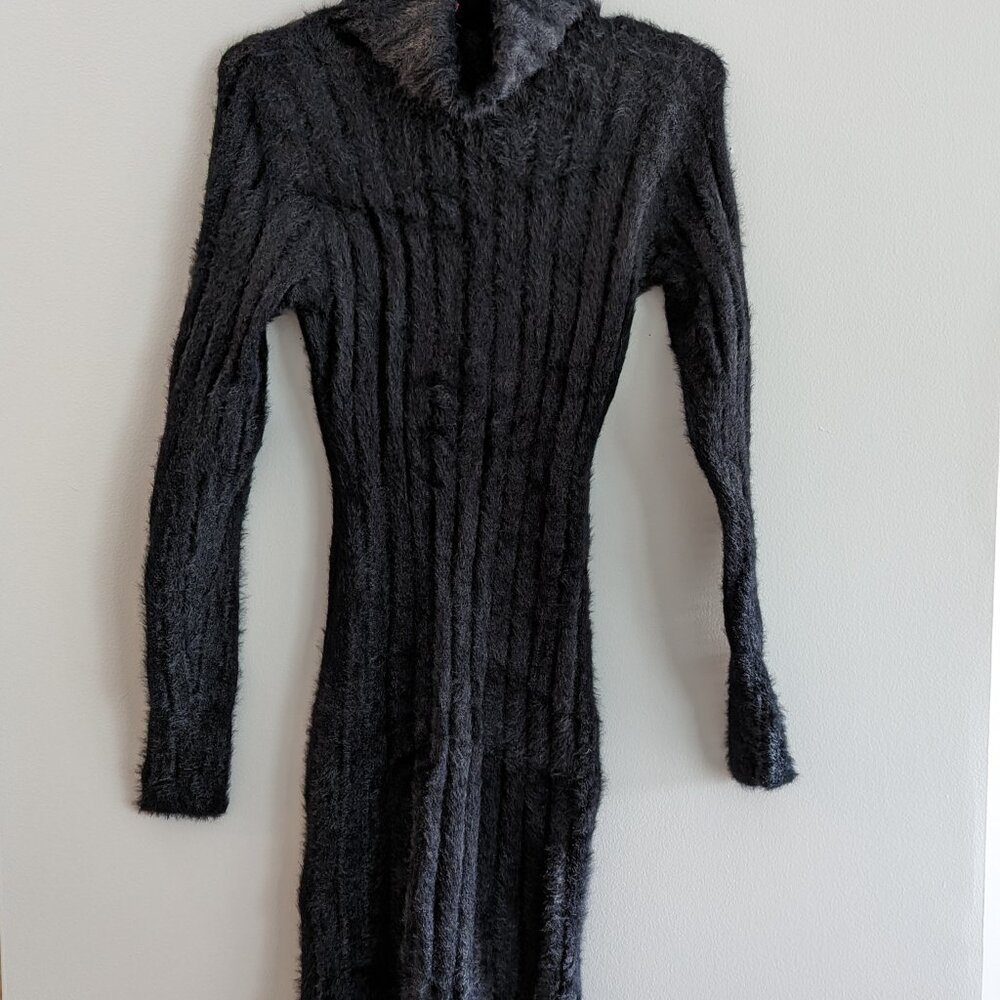 NWT Fuzzy Black Turtleneck Mini Dress Size M Autumn/Winter Bodycon Goth
